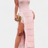 Kalani Vestido Maxi con Flecos en Capas y Abertura Lateral