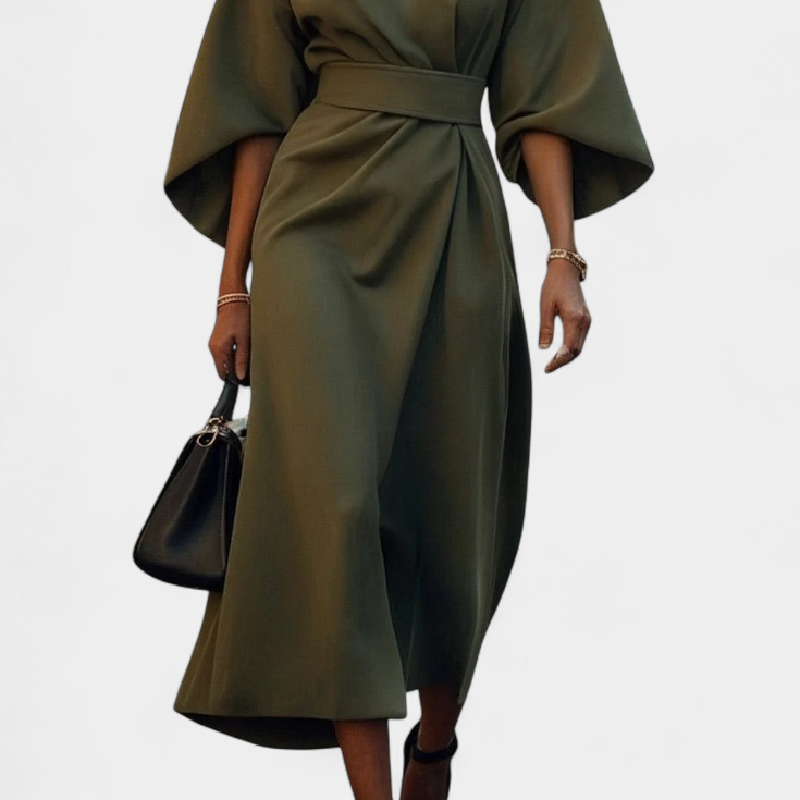 Micaela Vestido Midi con Mangas Lantern y Cintura Ceñida