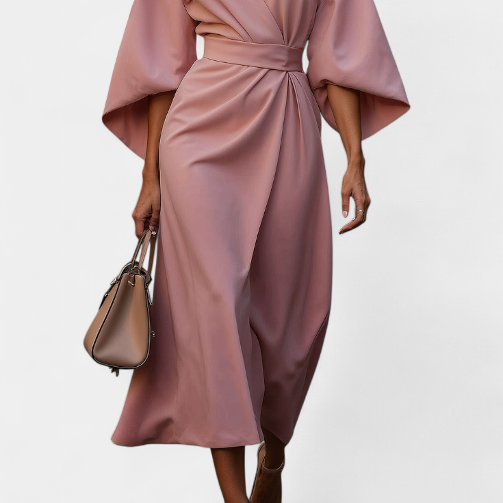 Micaela Vestido Midi con Mangas Lantern y Cintura Ceñida