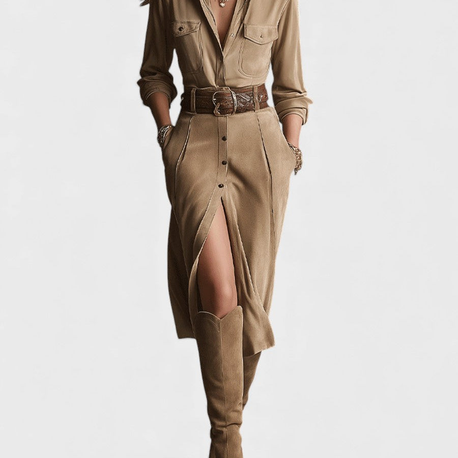 Adela™ | Vestido midi de gamuza marrón