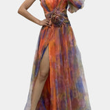 Amelie Vestido Maxi Asimétrico de Un Hombro con Estampado Artístico
