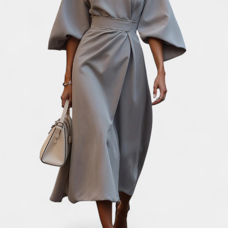 Micaela Vestido Midi con Mangas Lantern y Cintura Ceñida