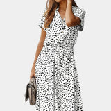 Rovena Vestido Midi de Lunares con Cuello Camisero y Cintura Ajustable