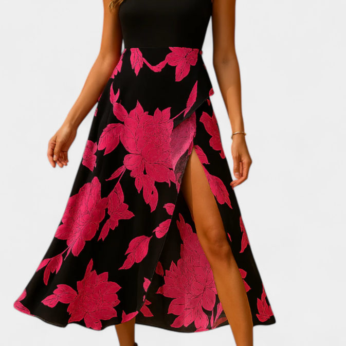 Raquel Vestido con Top de Punto y Falda Floral con Abertura