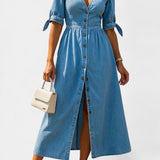 Adelina Vestido Midi de Denim con Botones y Escote en V