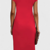 Katrina Vestido Midi Atemporal con Cuello Redondo y Detalle Drapeado