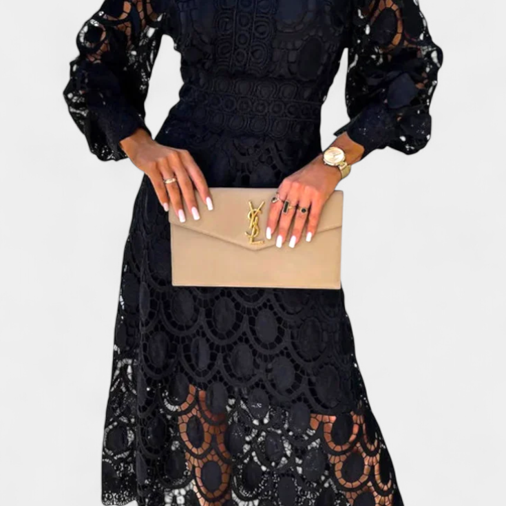 Jovie Vestido Midi de Encaje Bordado con Cuello Alto