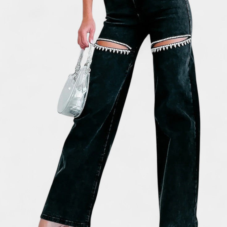 Evian Jeans Ripped Straight-Leg con Rhinestones