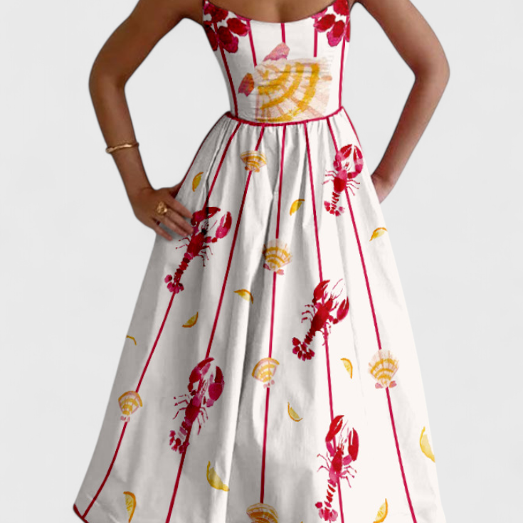 Maricela Vestido Vintage con Tirantes y Estampado de Sardinas