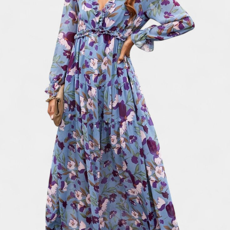 Keti Vestido Maxi Floral con Mangas Largas y Volantes Delicados