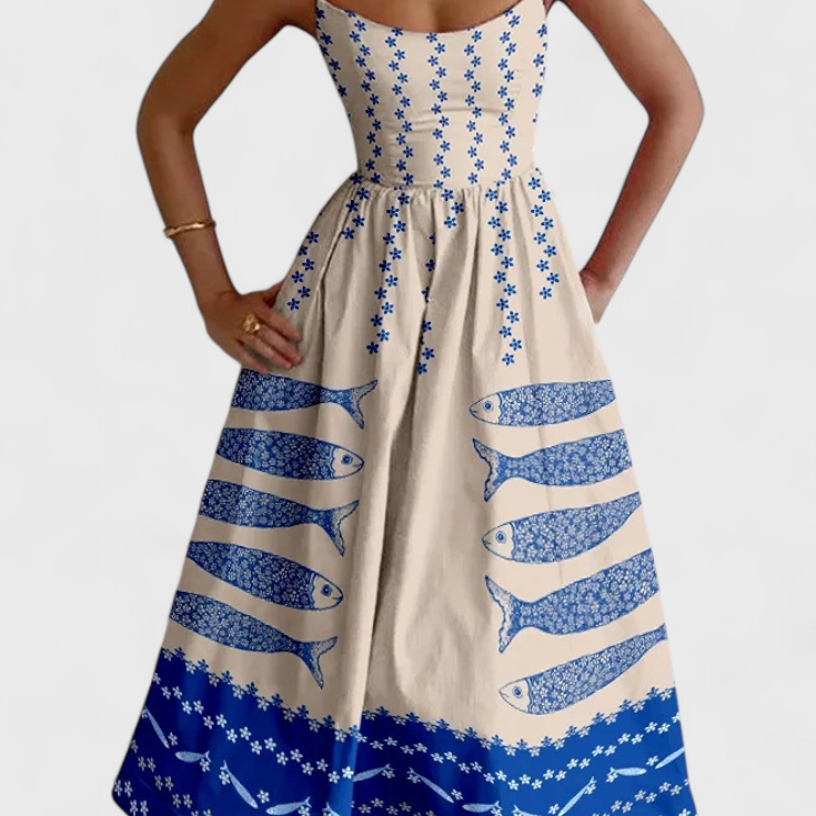 Maricela Vestido Vintage con Tirantes y Estampado de Sardinas