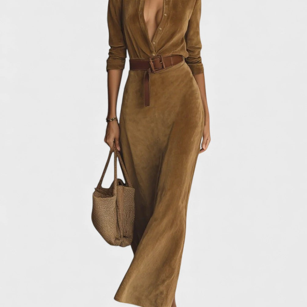 Mónica™ | Vestido largo de gamuza con cinturón ajustado