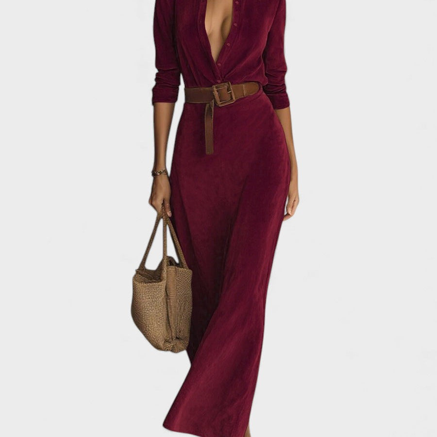 Mónica™ | Vestido largo de gamuza con cinturón ajustado