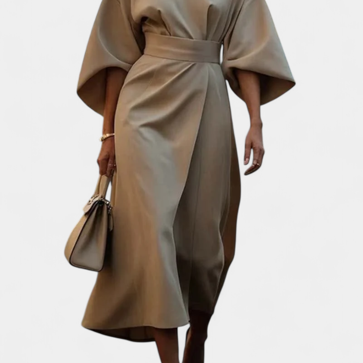 Micaela Vestido Midi con Mangas Lantern y Cintura Ceñida