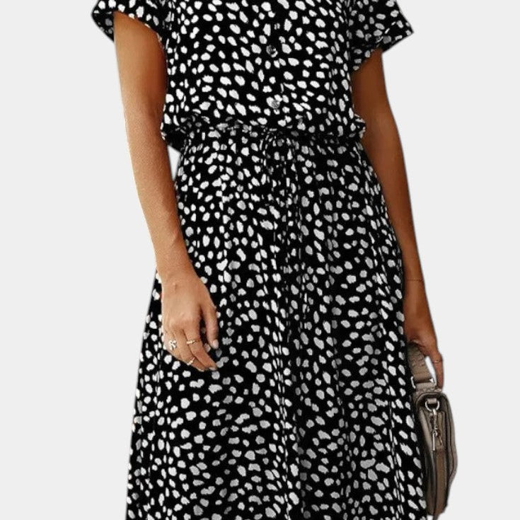 Rovena Vestido Midi de Lunares con Cuello Camisero y Cintura Ajustable