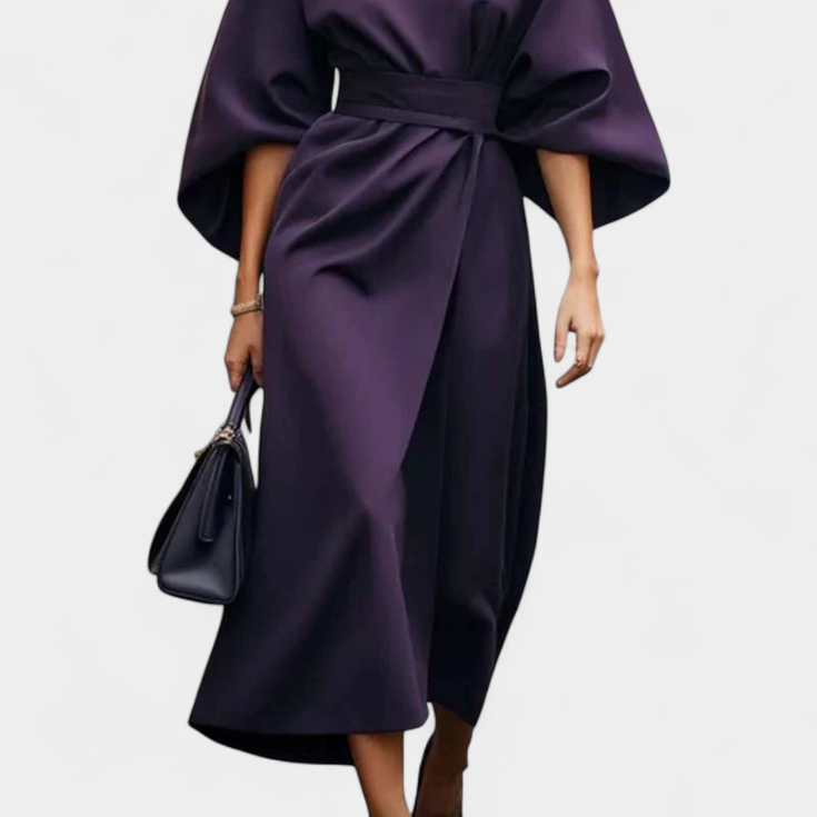 Micaela Vestido Midi con Mangas Lantern y Cintura Ceñida