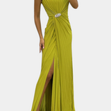 Shiloh Vestido Maxi Plisado con Abertura Lateral y Escote Cruzado