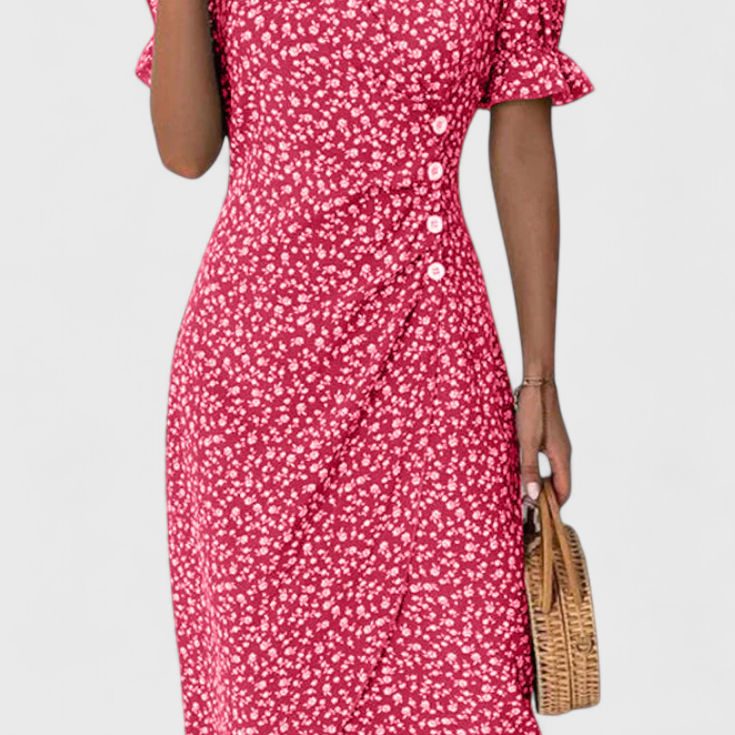 Joana Vestido Midi Floral con Escote en V y Mangas Cortas