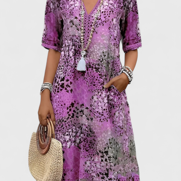 Perla Vestido Boho con Estampado Floral y Detalles en Crochet